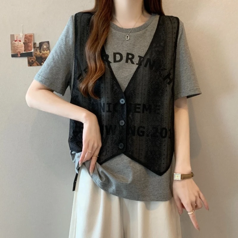 大码假两件网纱拼接短袖T恤女夏季新款胖MM宽松显瘦百搭洋气上衣