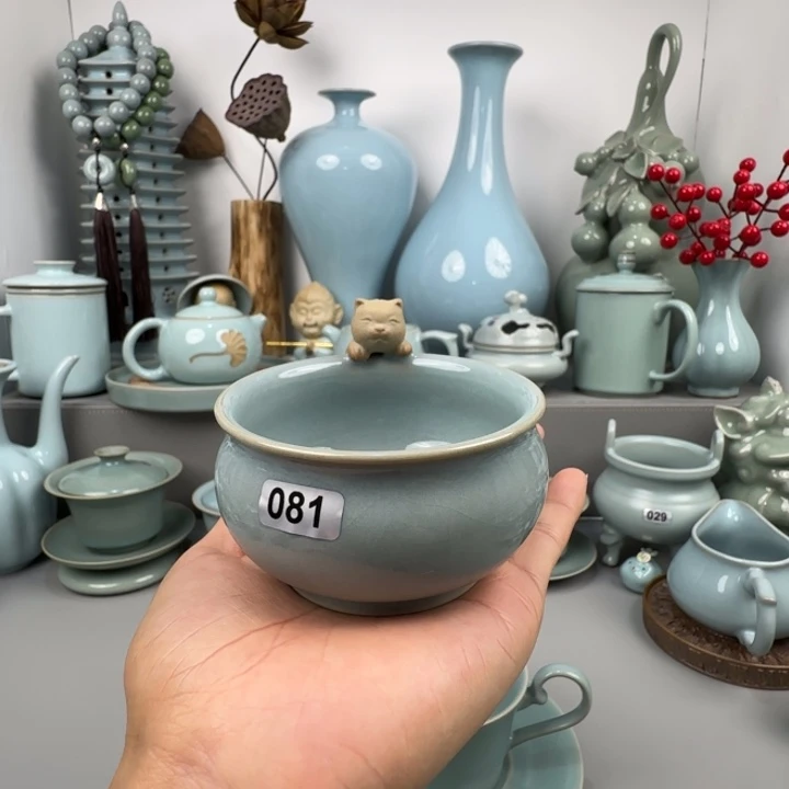 摆件汝瓷带猫缸杯支钉烧天青釉