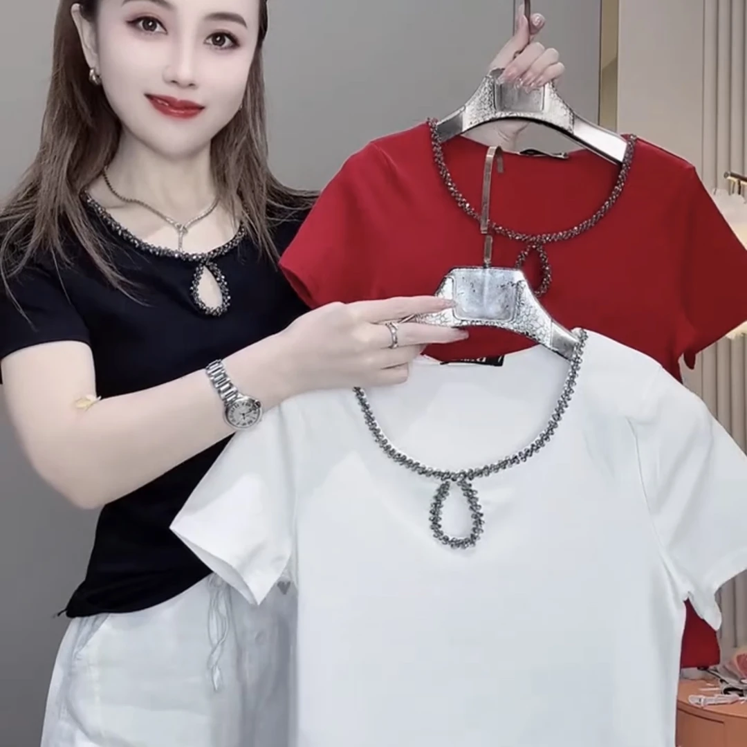 纤新款型圆领短袖纯色钉珠镂空T恤重工小衫