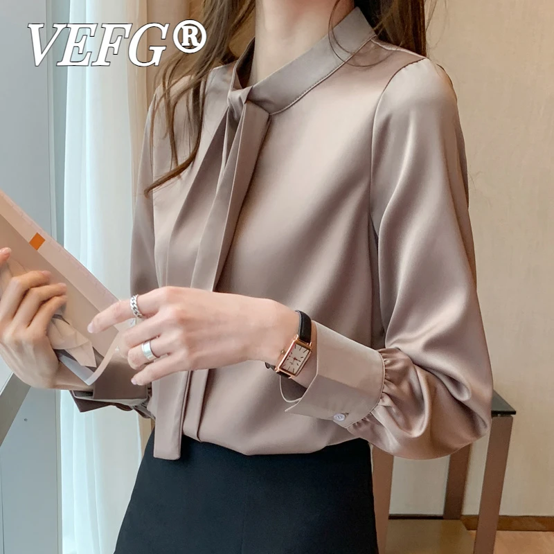 VEFG秋装醋酸缎面衬衫女新款高级感职业气质衬衣西装内搭长袖上衣