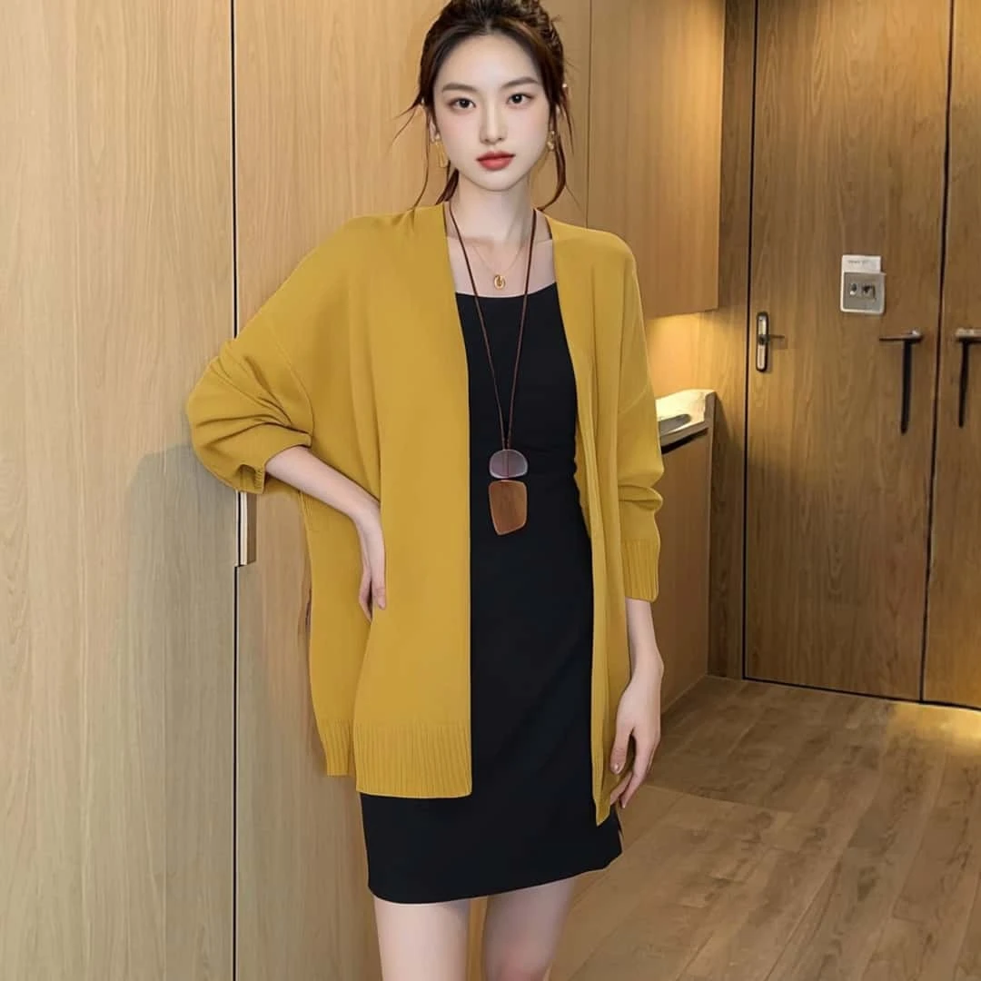 休闲慵懒风薄款针织百搭时尚长袖开衫2025早秋素纯色通勤开衫上衣