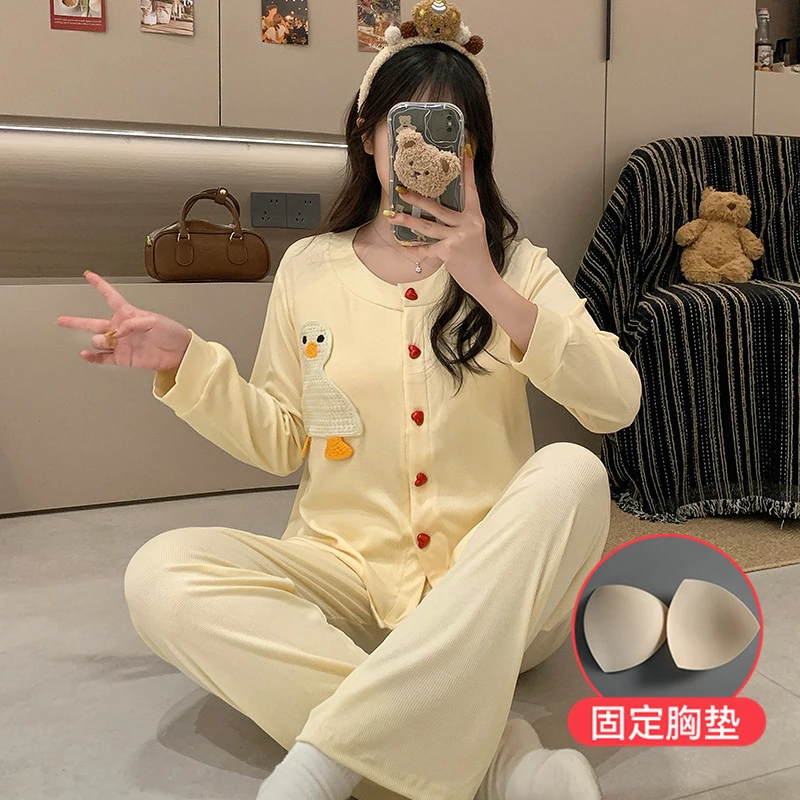 带胸垫2025春秋季新款莫代尔棉睡衣女士可爱小鸭长袖两件套家居服