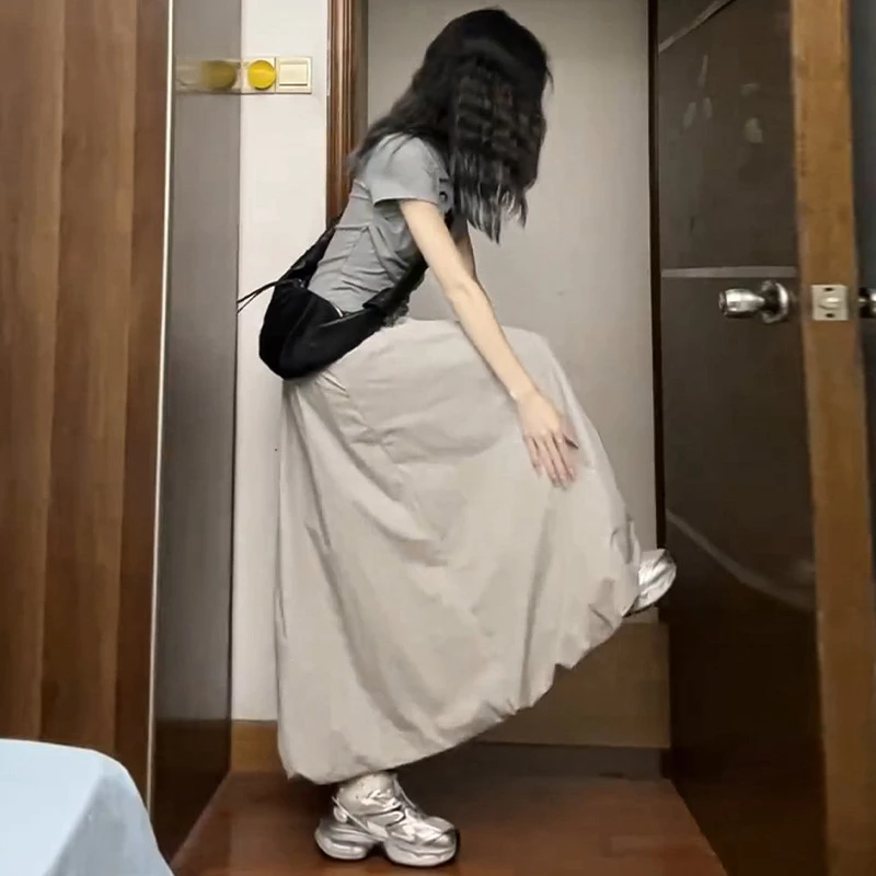 灰色花苞半身裙女202525春夏新款小个子松紧高腰显瘦冰丝灯笼蓬蓬