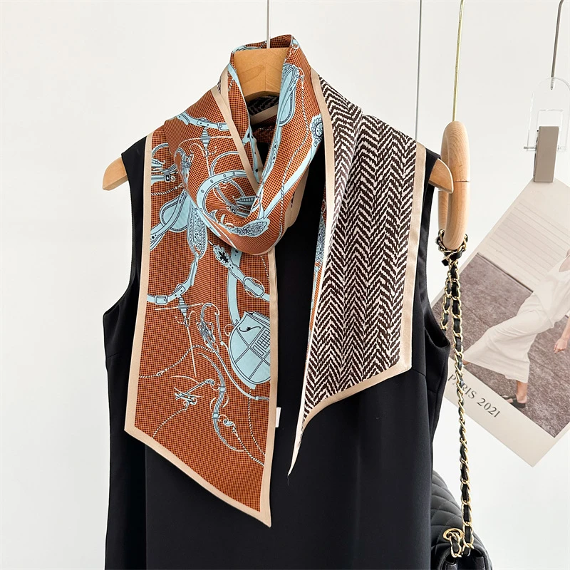 百搭围巾双层丝巾桑蚕丝围巾女百搭秋款洋气ins潮细窄长多功能装