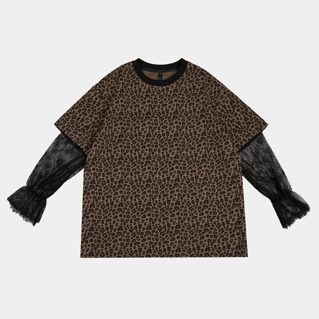 GGAHOLIDAY时尚休闲宽松长袖蕾丝拼接潮流豹纹T恤-152347