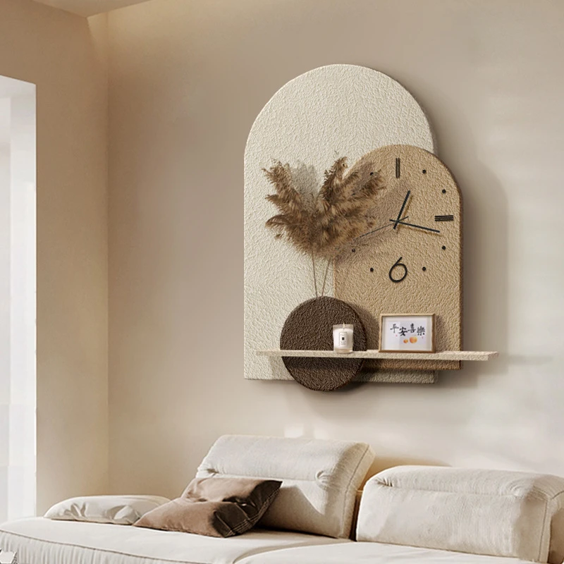 侘寂风客厅装饰画加时钟芦苇高级感餐厅背景墙挂画玄关钟表置物架