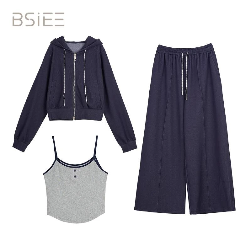 BSiEE本涩撞色连帽针织三件套夏季新品抽绳连帽卫衣套装