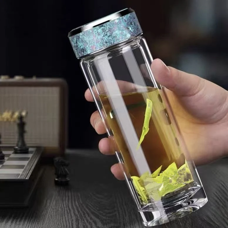 纯钛双层玻璃水杯男士高档商务泡茶透明茶杯隔热便携茶水分离杯子