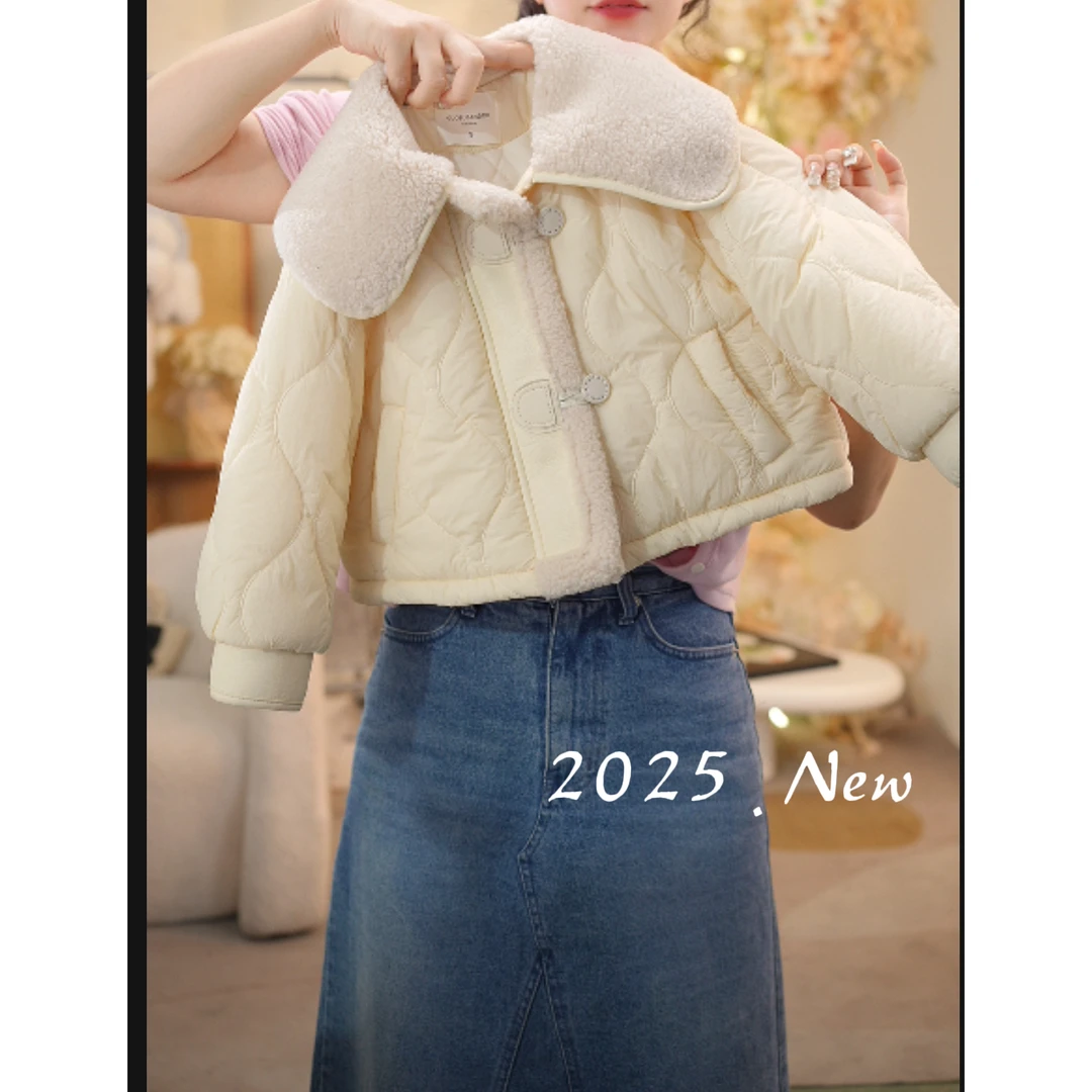 韩版2025-冬新款潮牌儿童女中大童百搭棉服米色外套洋气加厚翻领