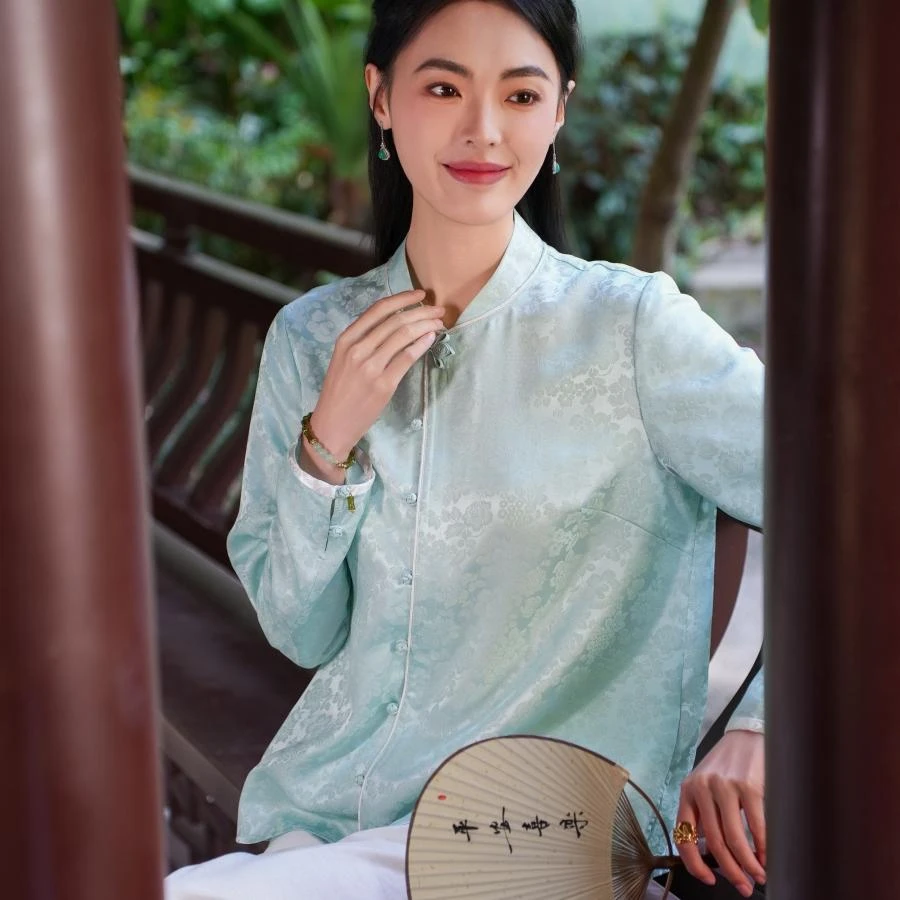 【桑蚕丝】觅萝香原创新中式2025年春季百搭织金小碎花衬衫女