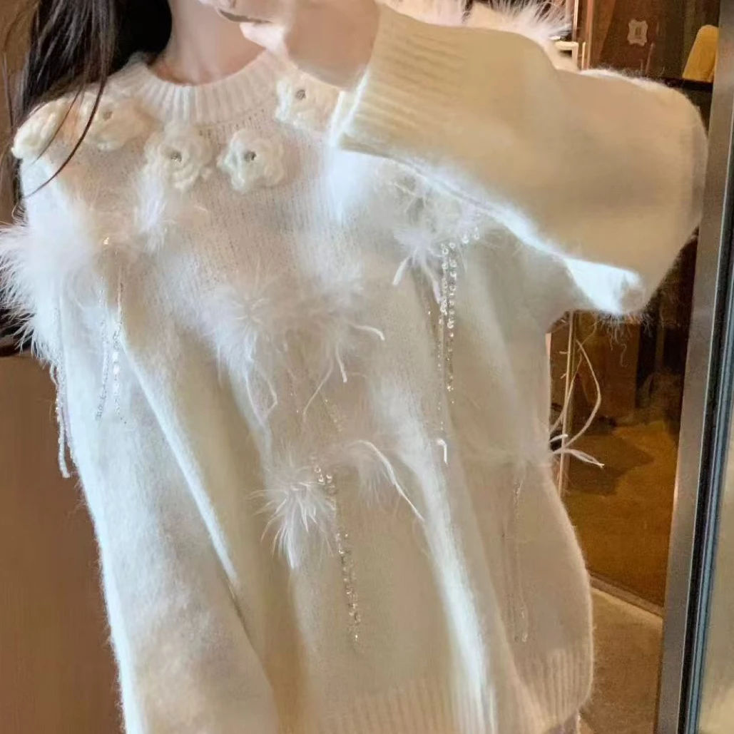 【JUN·BABY定制】女白色套头宽松慵懒毛衣毛针织衫秋冬花朵针织长袖