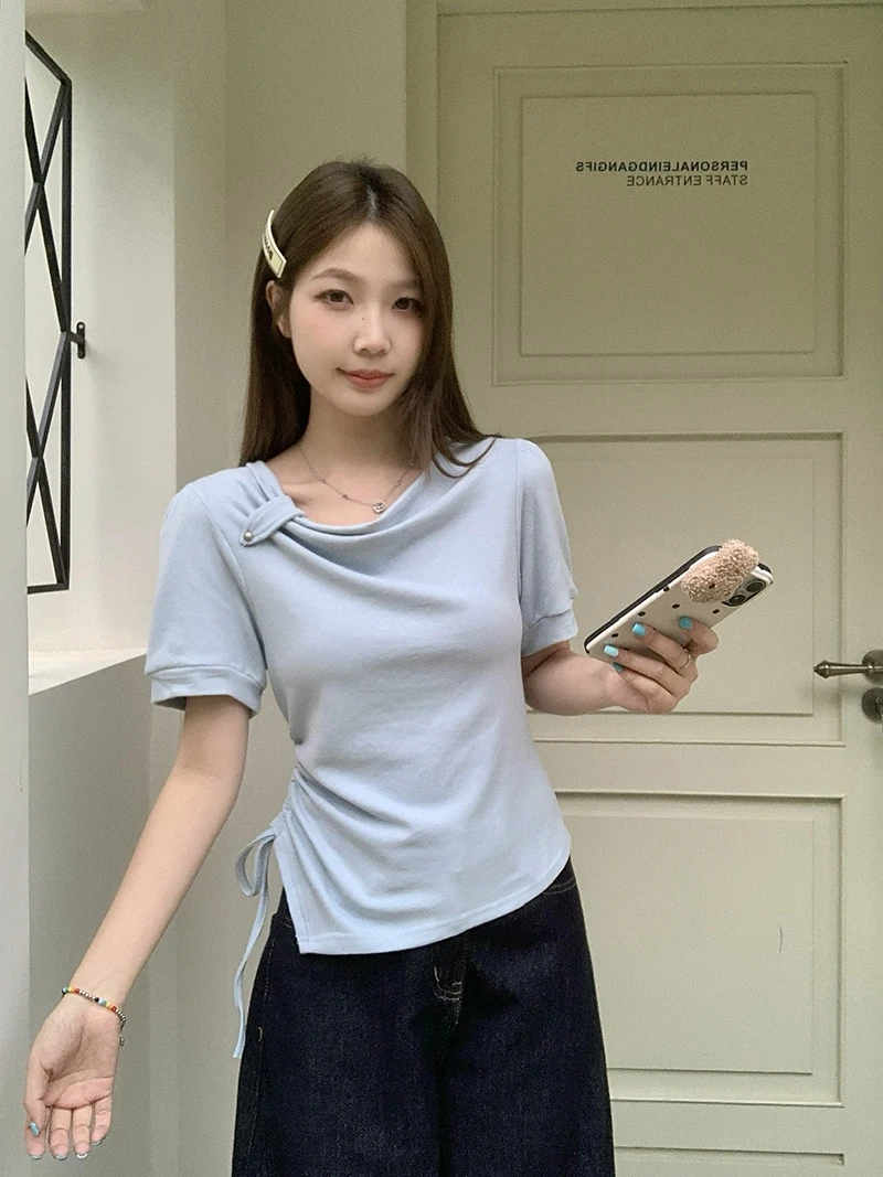 【小可爱专属】2025夏装新款大码女设计感荡领不规则抽绳短袖T恤
