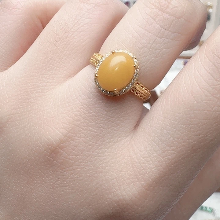 蜜蜡戒指银S925镶嵌戒指