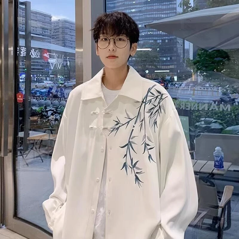 512新中式中国风竹子刺绣长袖衬衫男女春秋季潮流衬衣外套