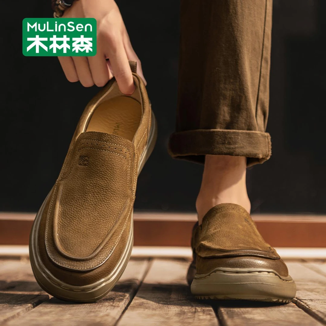 木林森休闲男鞋秋季头层牛皮老钱风乐福鞋耐磨厚底正品一脚蹬皮鞋