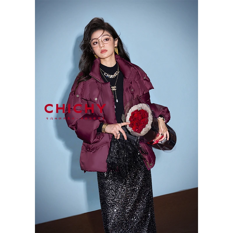 【初依专属】CHICHY法式紫色中长款羽绒外套CW3C005244