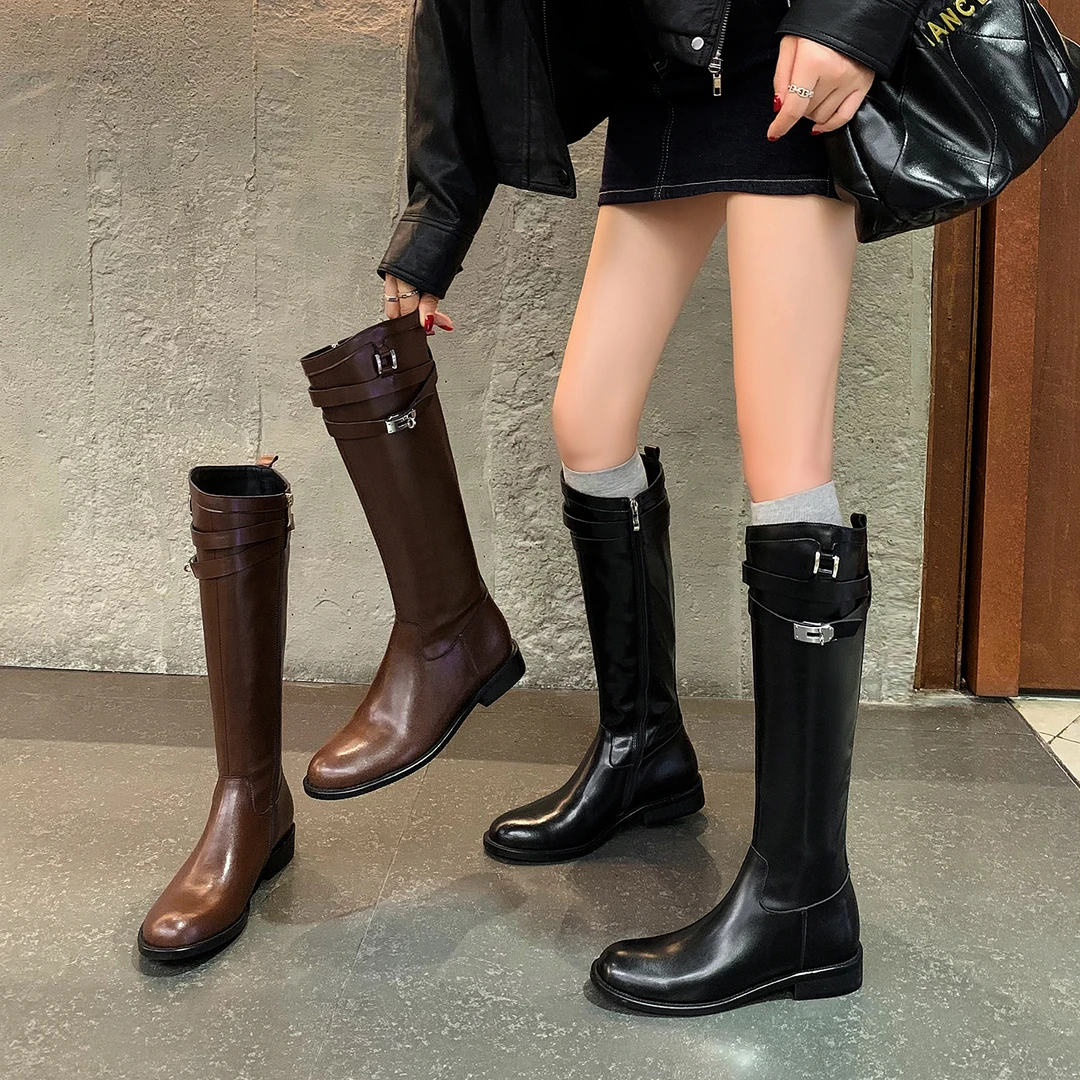 VICEN FIFI/3cm/2025秋冬新款圆头粗跟骑士靴女显瘦不过膝长筒靴