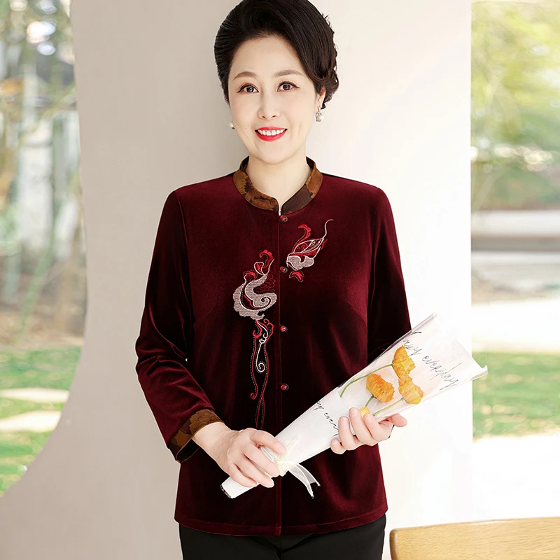 妈妈装春秋天金丝绒唐装上衣中老年人春装女国风长袖衬衫奶奶衣服