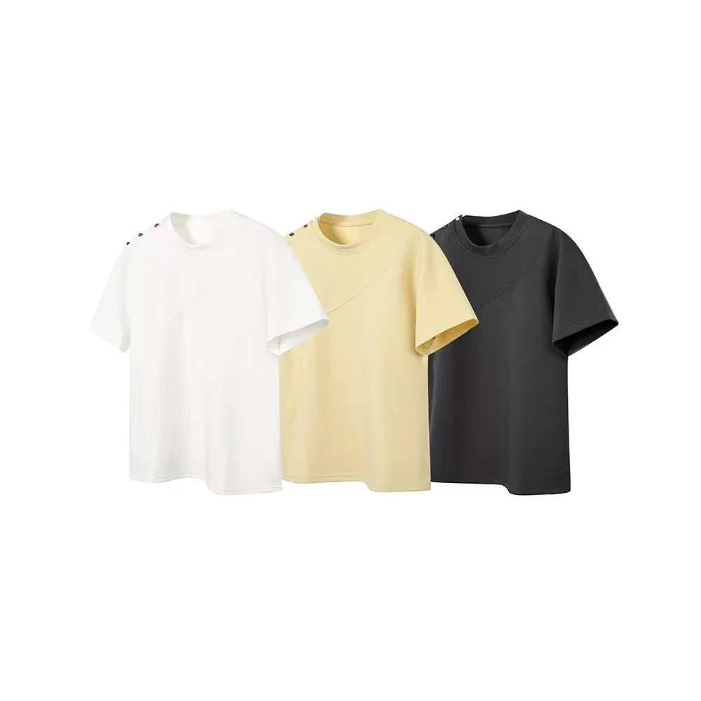 新款CATTEE 美式复古彩纽扣拼接短袖T恤男女正肩宽松-6225