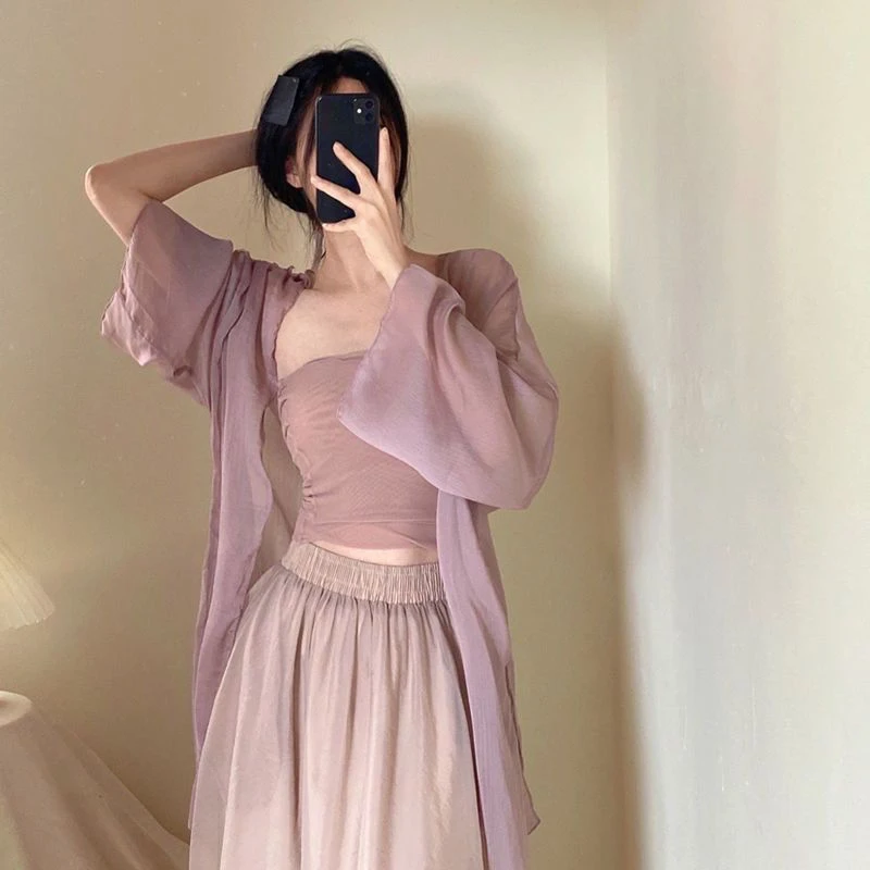 闭眼入仙气温柔复古风雪纺长开衫纯欲宽松气质飘逸空调衫女