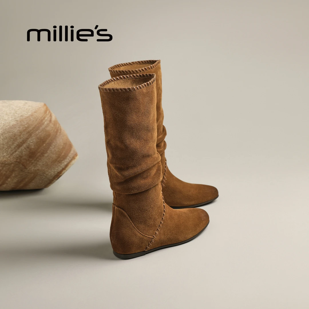 MILLIE'S/妙丽西部靴女2025新款秋冬季中筒靴复古显瘦堆堆靴长靴