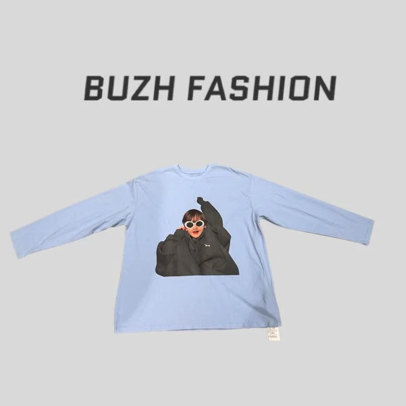BUZH2025新款'甜酷男孩'印花磨破做旧宽松中长款圆领大版T恤
