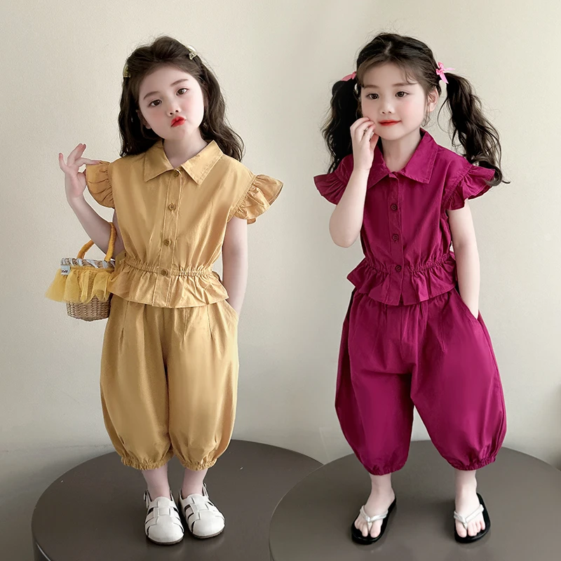 女童夏装套装2025新款洋气女宝宝韩版时髦飞袖衣服儿童纯色两件套