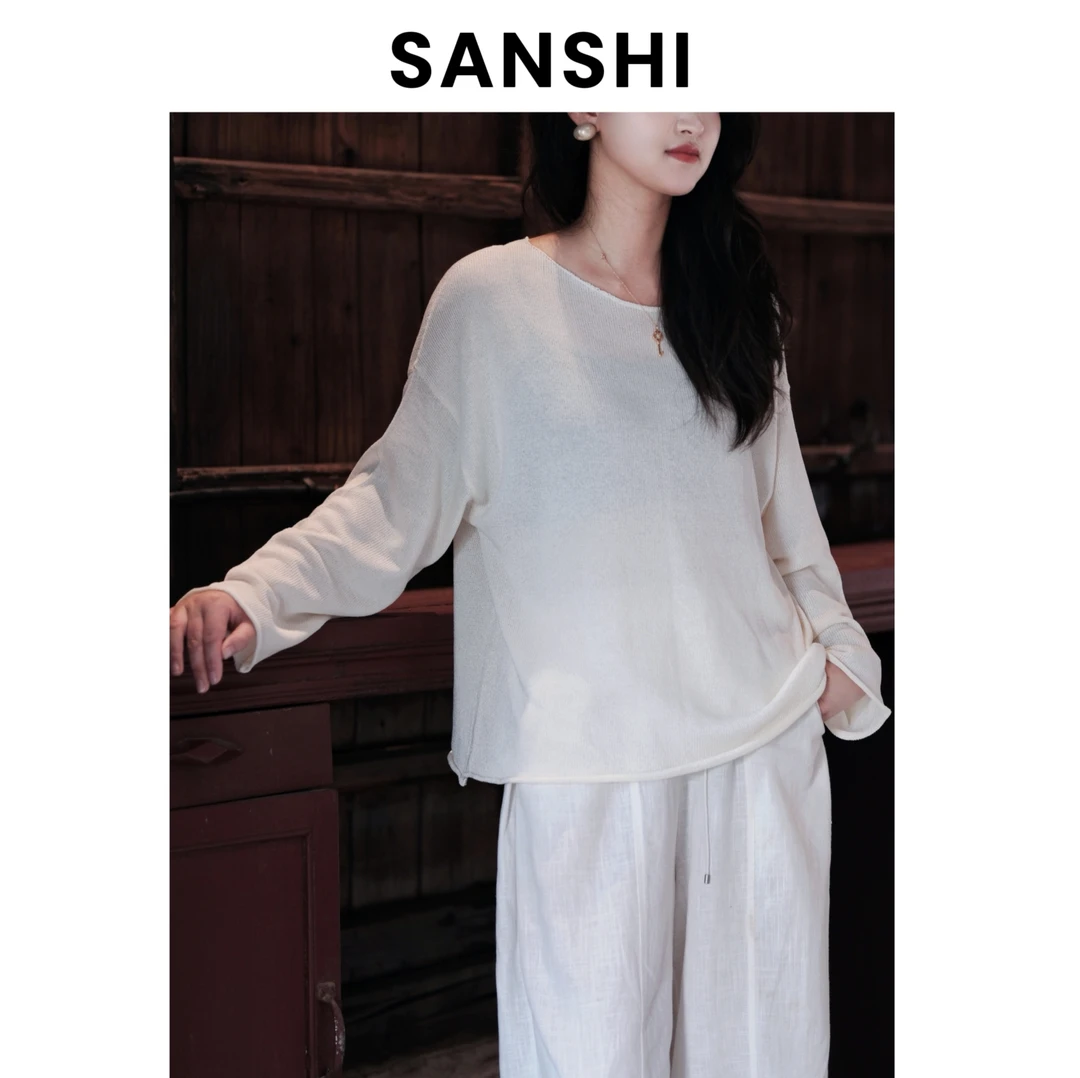 SANSHI【和纸纱】秋款轻薄透气落肩长袖针织衫 慵懒风宽松舒适上衣