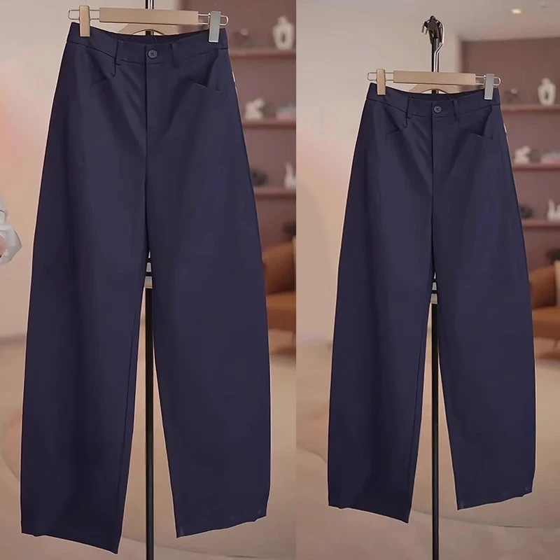 弯刀阔腿西装裤女2025夏季新款高腰藏青色窄版香蕉裤休闲九分裤子