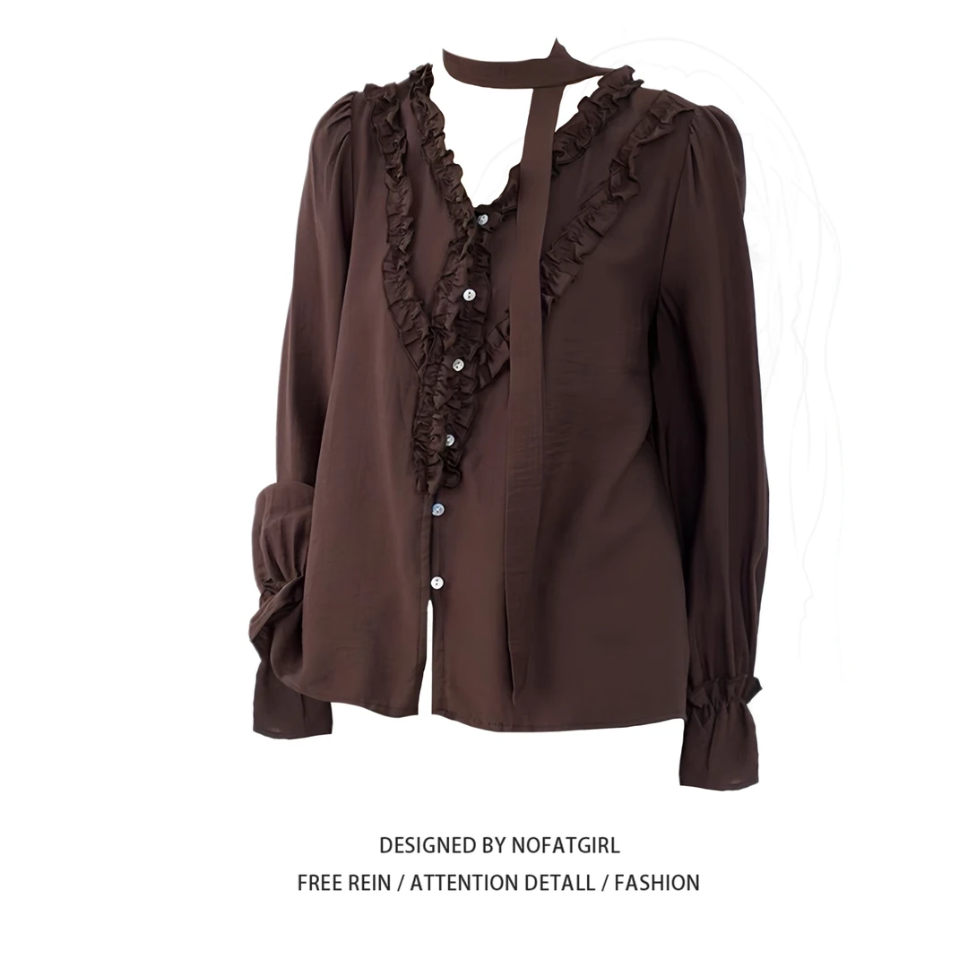 大码胖MM法式通勤花边V领衬衫女秋新款长袖气质甜美飘带内搭上衣