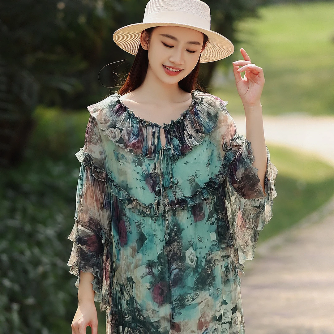 拜占庭的森林印花简约百搭显瘦女士透气宽松气质阔太太时髦女装