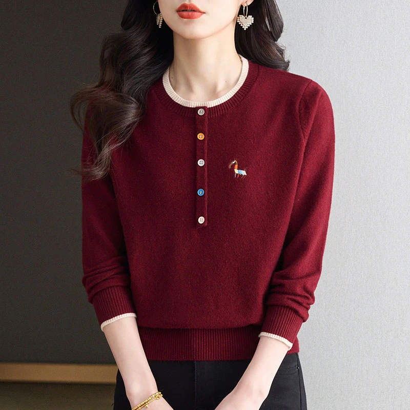 2025春秋新款圆领针织衫时尚洋气中年妈妈百搭减龄宽松显瘦打底衫