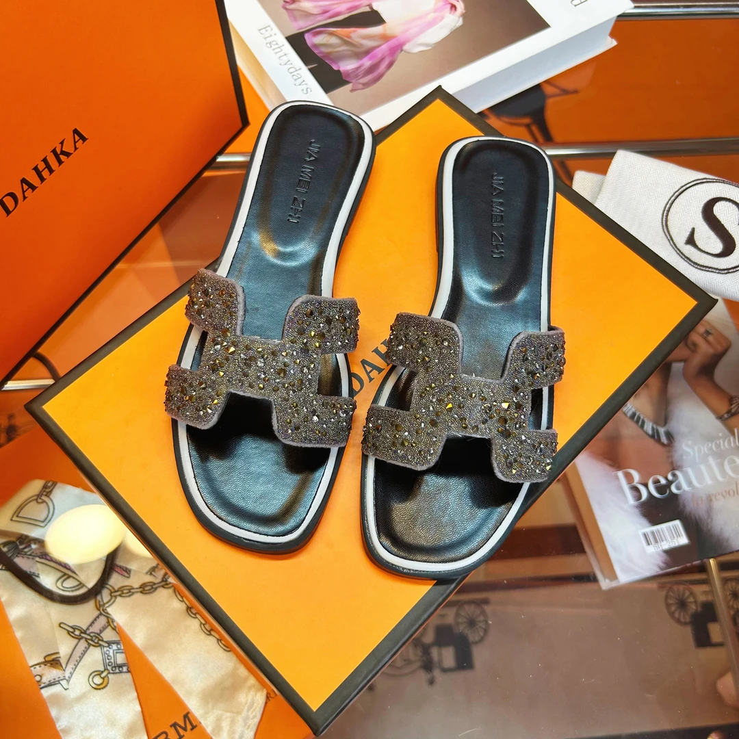 【水钻】真皮新款拖鞋外穿夏季百搭高级感时尚平底凉拖鞋女网红