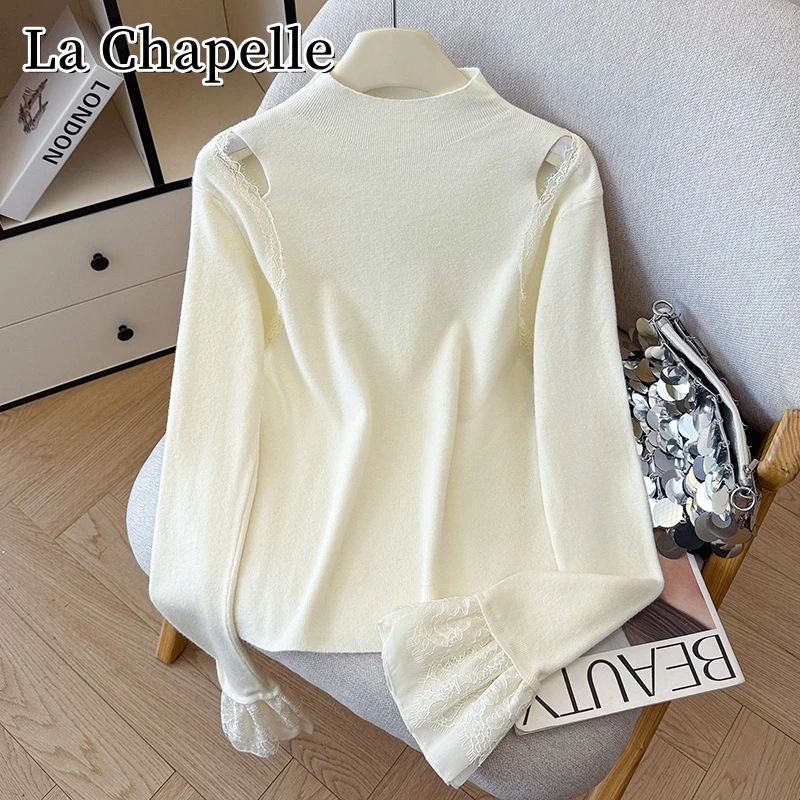 拉夏贝尔秋冬圆领蕾丝花边镂空针织衫韩版百搭蕾丝显瘦打底上衣女
