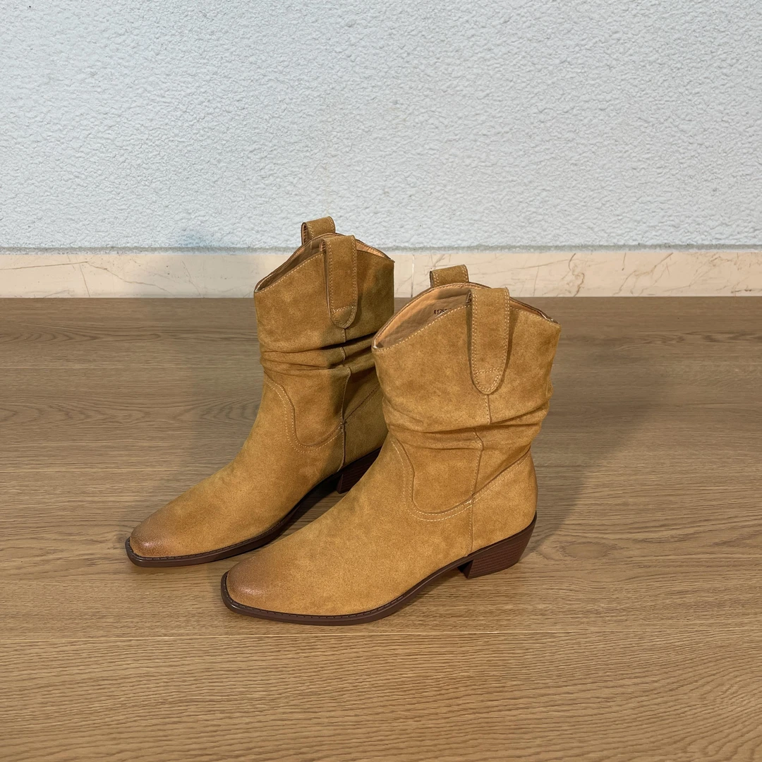 4.5cm   筒靴女骑士靴秋日记忆美拉德堆堆靴里外全皮粗跟中筒靴女