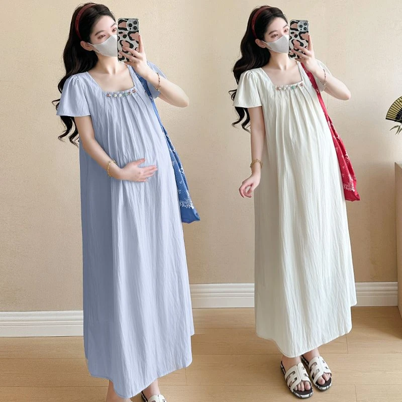 孕妇装2025夏季新款显瘦甜美休闲法式方领褶皱设计感孕妇连衣裙
