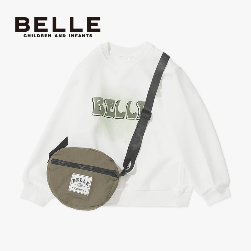 BELLE百丽25新款男女通童装中性春季简约休闲套头肩包印花上衣