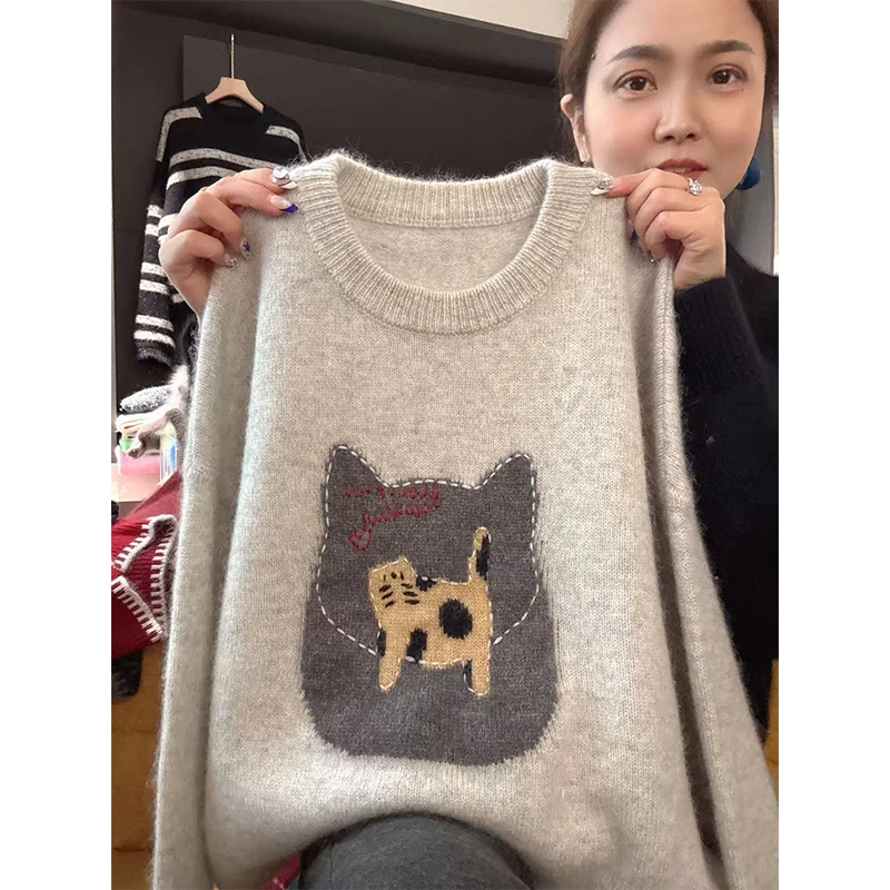 哈基米」软糯亲肤~冬季圆领卡通猫咪提花针织套头时尚毛衣-5690