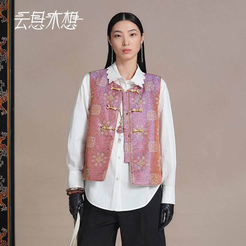 Ysimo-X云思木想葡藤莲花100桑蚕丝蜀锦醋酸手工盘扣马甲13909
