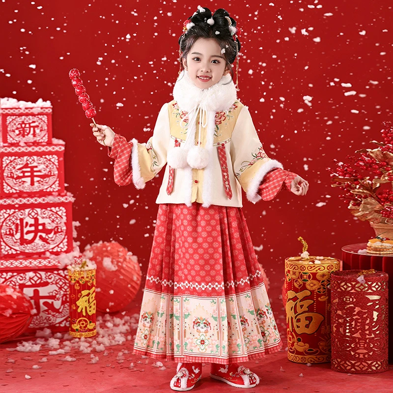 女童马面裙套装2025冬季中小童汉服国风唐装红色拜年服女宝宝古装