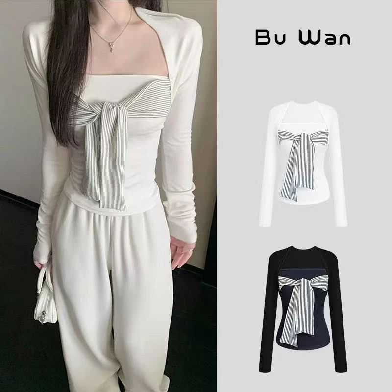 复古条纹绑带拼接设计感抹胸上衣Y3694