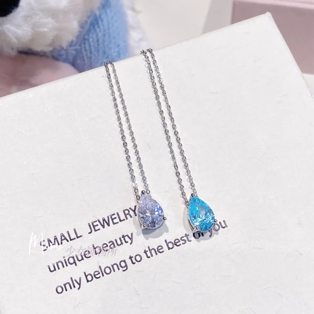 铜合金锆石项链 E441  蓝眼泪水滴锆石 可调节抽拉项链