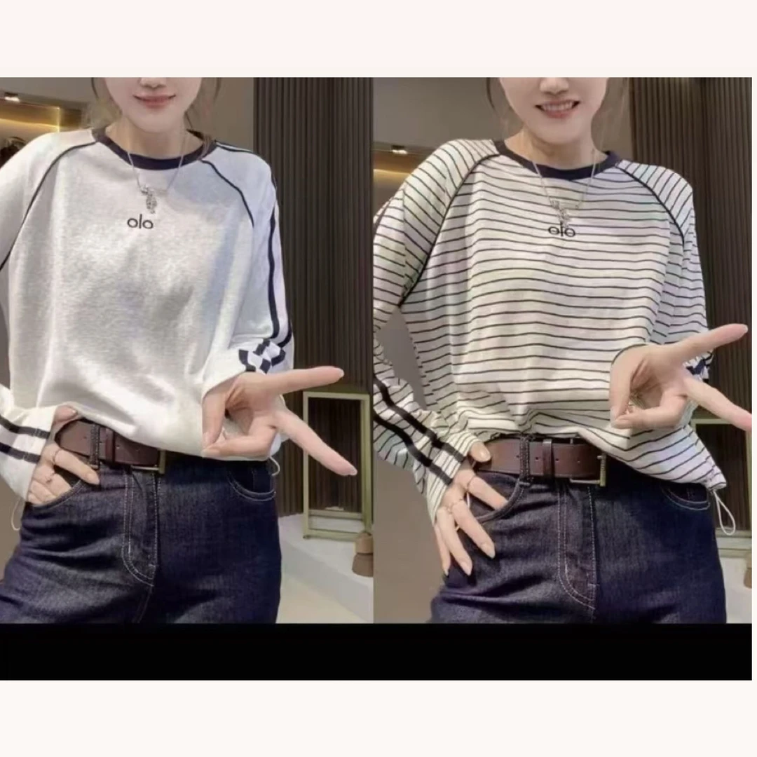 时尚圆领拼色杠条长袖T恤设计感上衣秋季新款大码女装