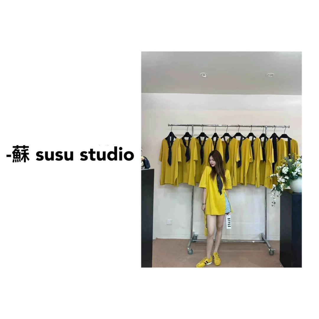 设计感露背宽松大版半袖T恤中长款遮臀上衣+波点丝巾216