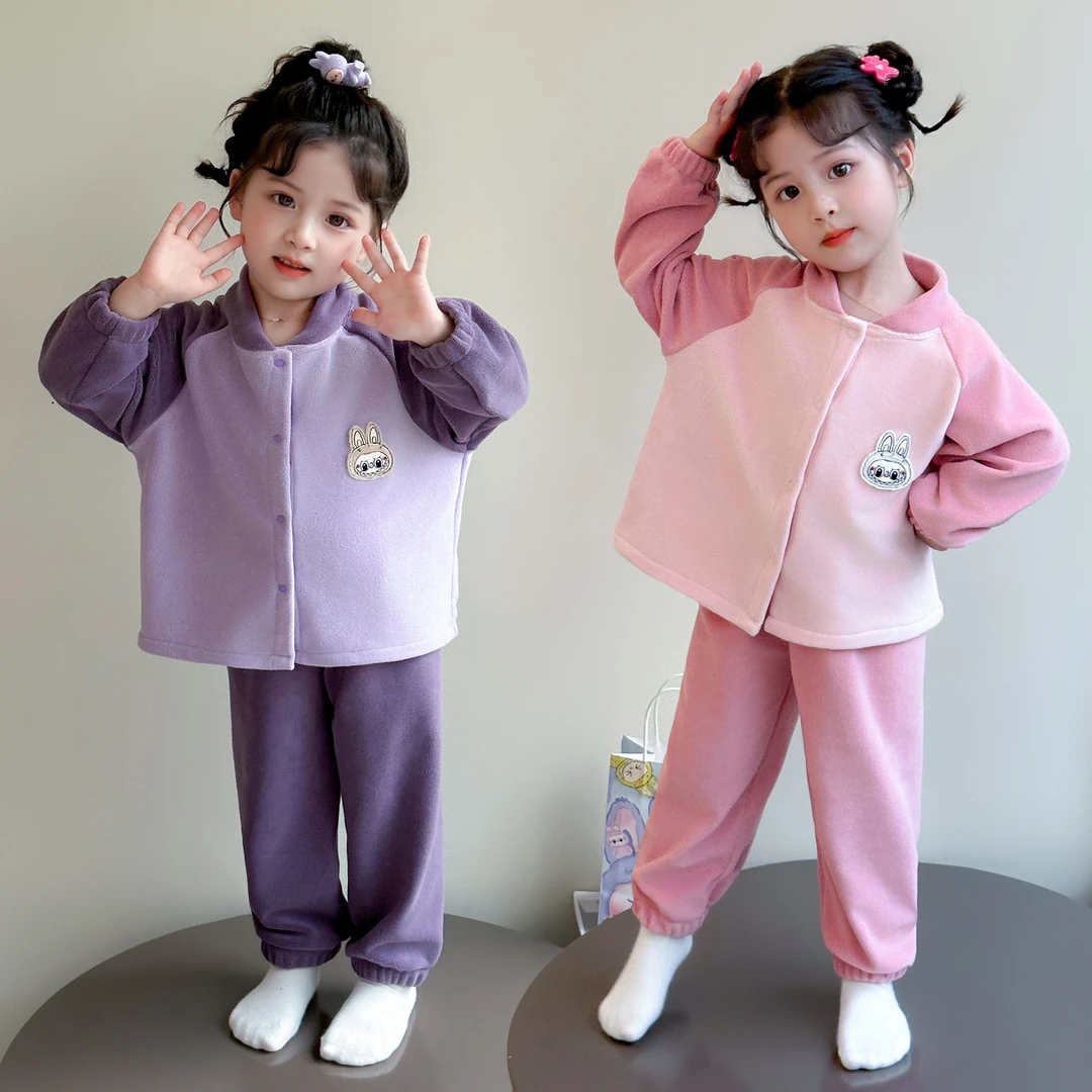 女童奥粒绒睡衣秋冬季女孩开衫套装宝宝珊瑚绒保暖儿童家居服冬款