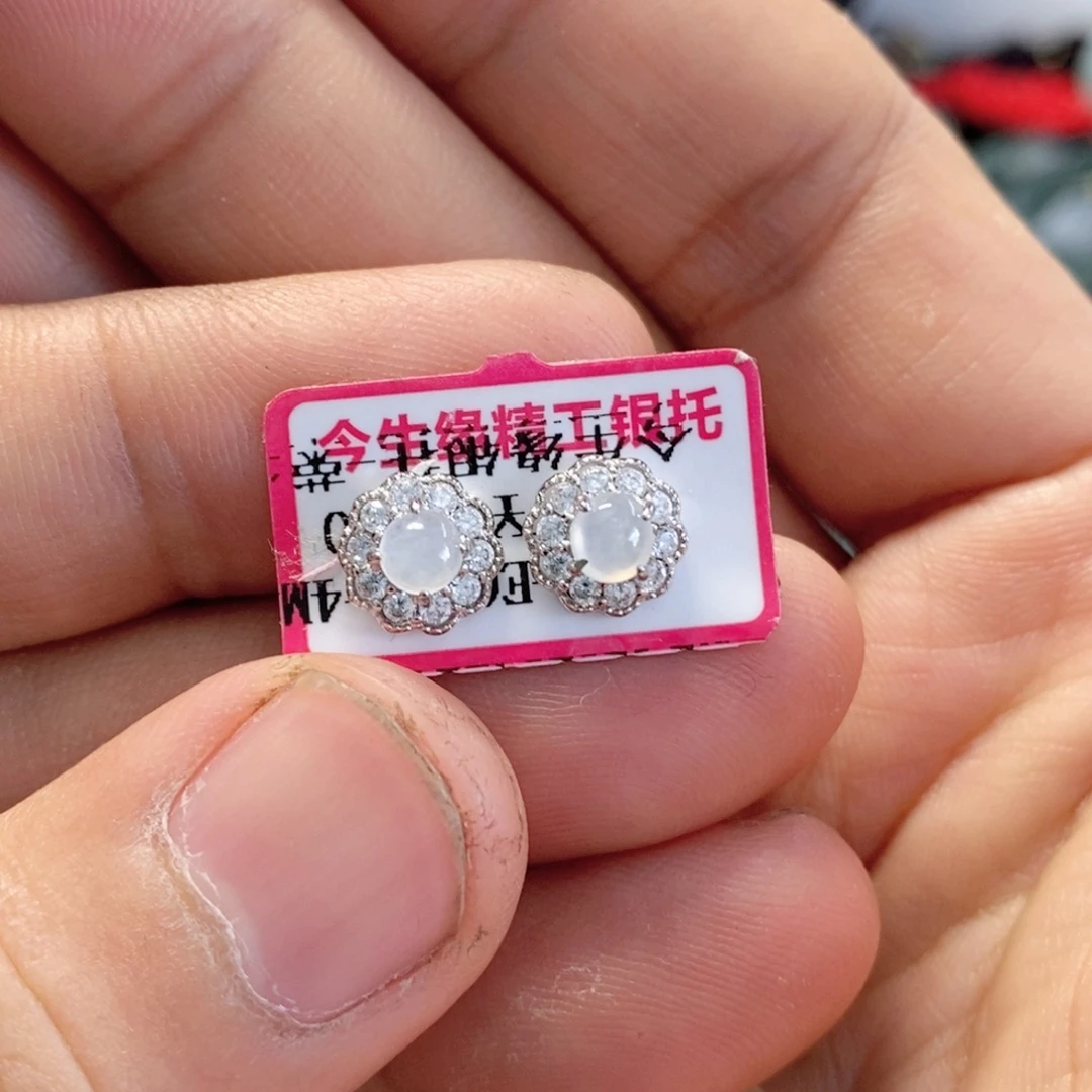 银S925镶嵌翡翠耳饰天然缅甸翡翠A货耳钉