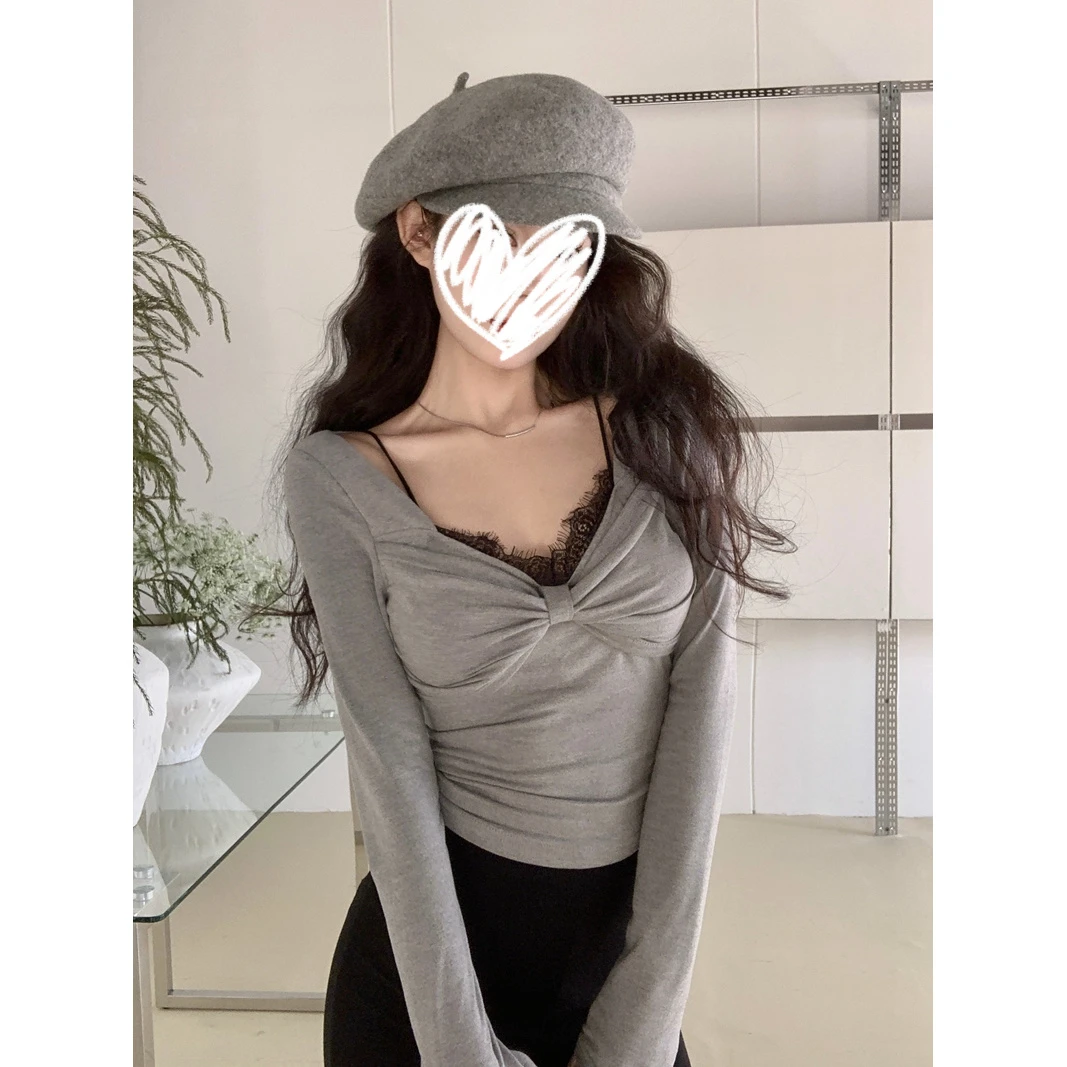 辣妹纯欲蕾丝拼接扭结V领长袖T恤女秋冬内搭打底衫弹力紧身小上衣