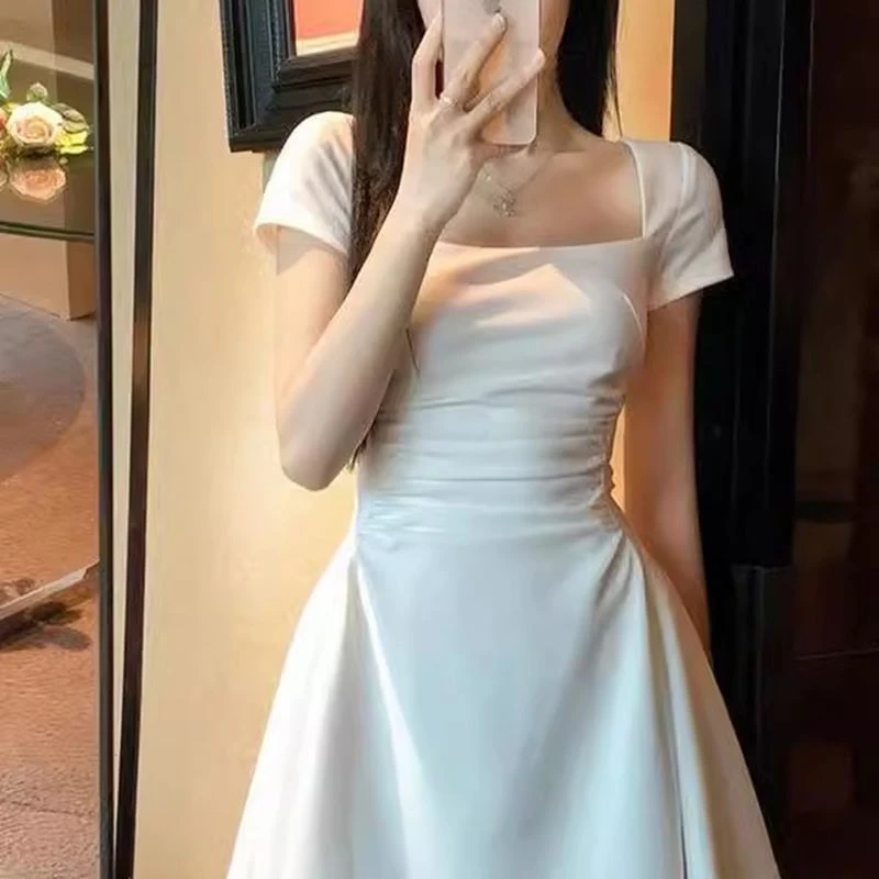 法式纯欲白色连衣裙子夏季女收腰又甜又辣裙子长裙小白裙修身掐腰