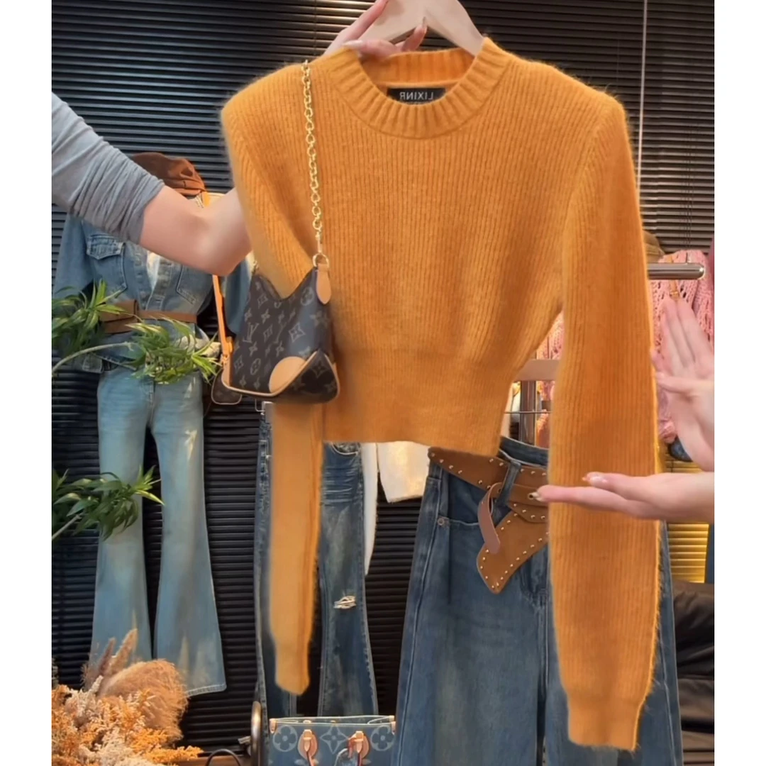 橘色圆领套头毛衣女秋冬新款韩版百搭高级感保暖收腰显瘦短款上衣