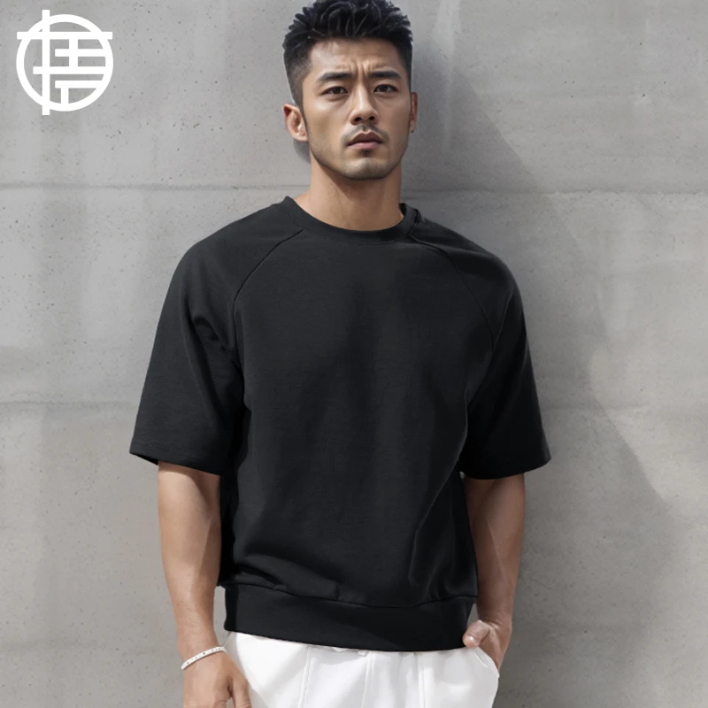 轻奢痞帅短袖t恤男中袖纯色棉宽松插肩打底衫250G重磅半袖卫衣潮